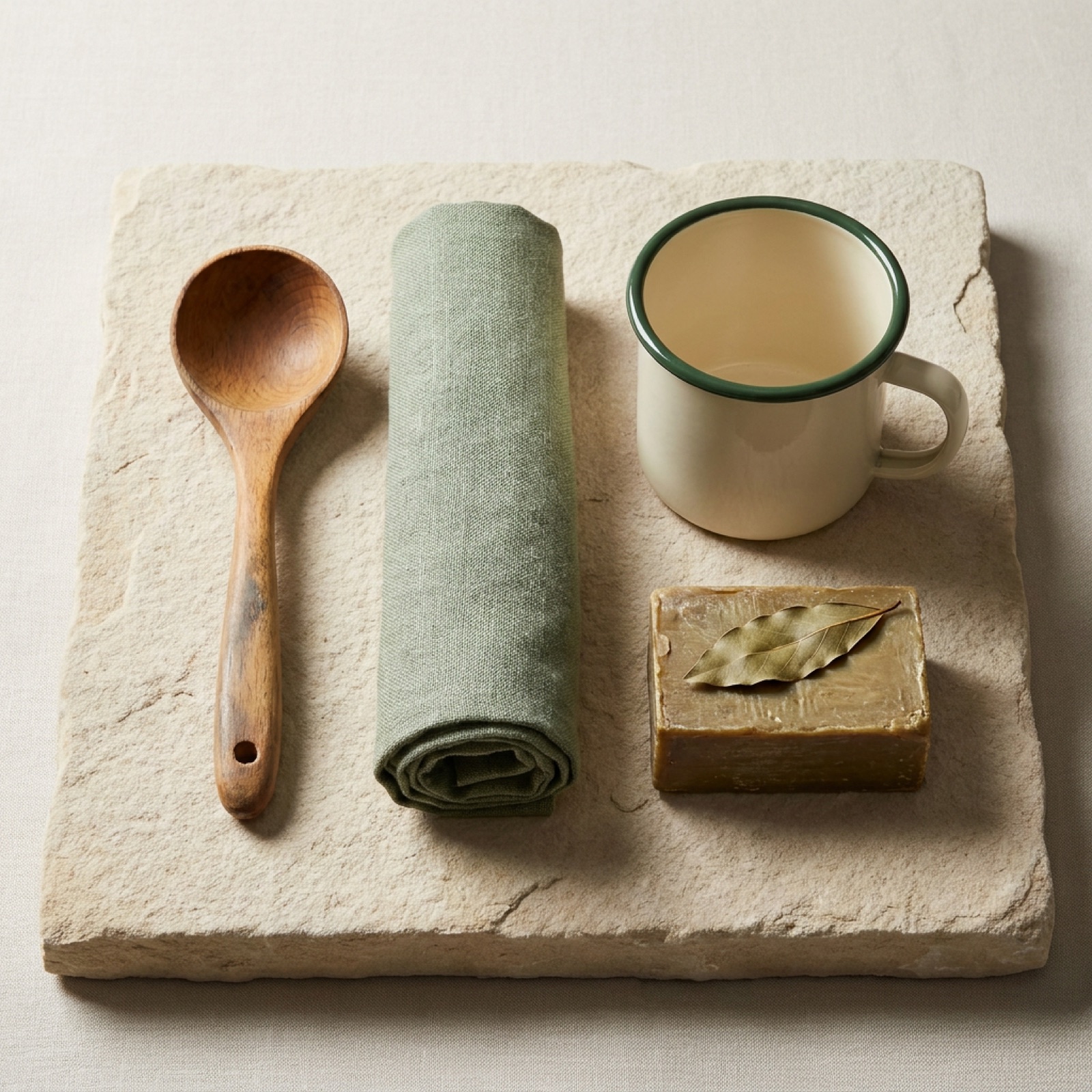 A wooden spoon, a folded dish towel and an enamel mug on a pale counter