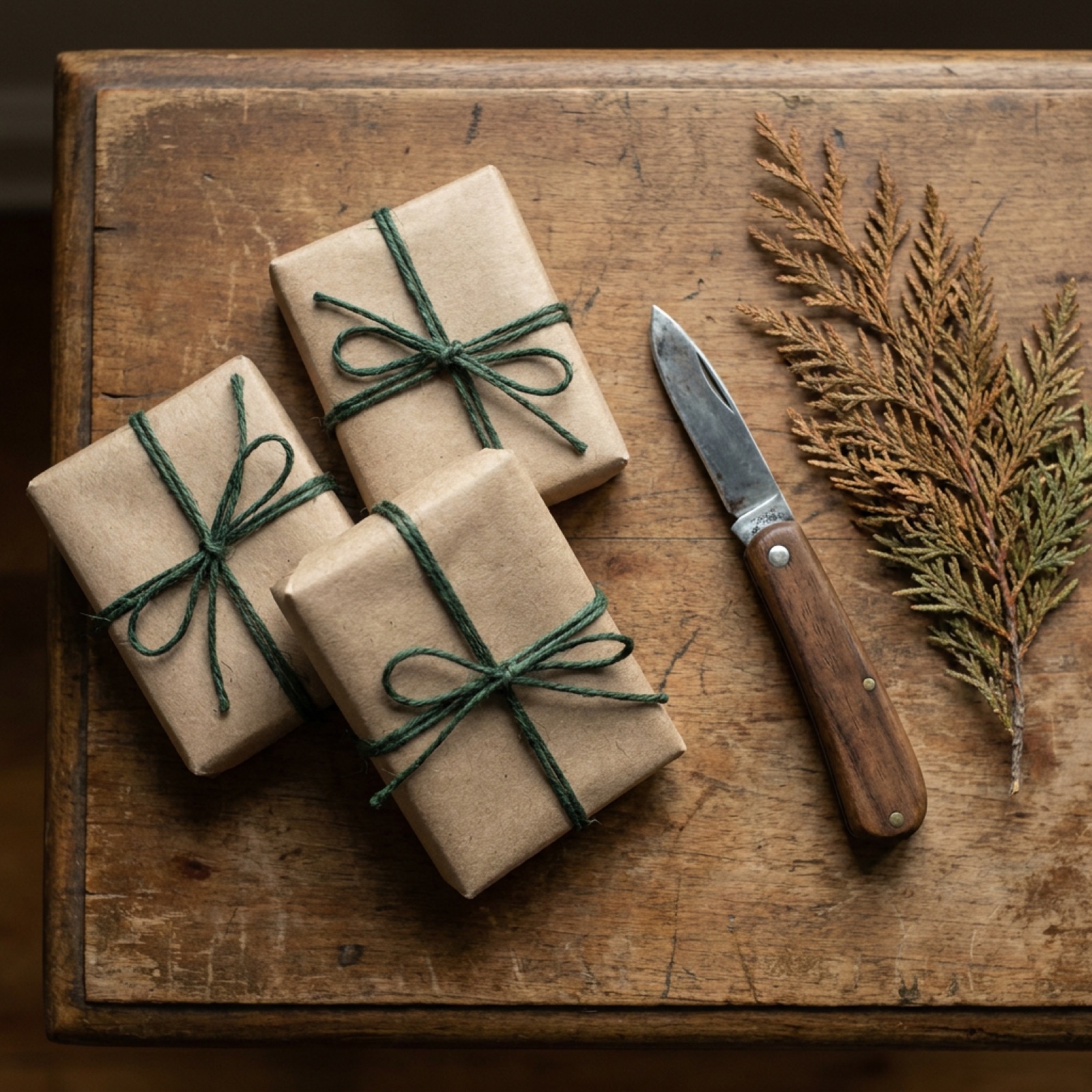 A few wrapped parcels in plain kraft paper tied with green cotton string beside a small brass pocket knife