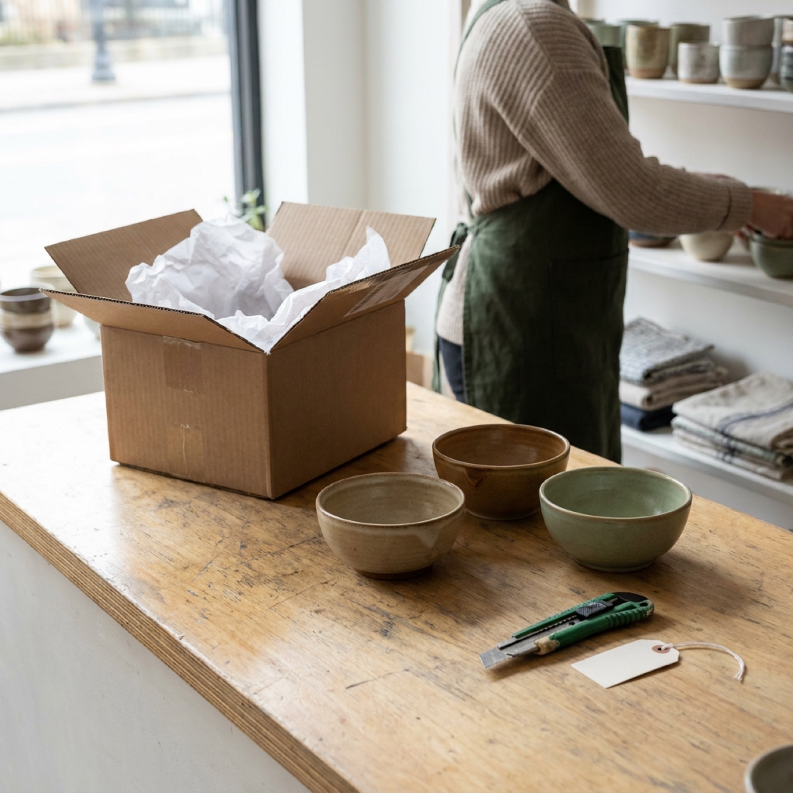 An open cardboard shipping box with tissue paper and new ceramic bowls, half unpacked on a counter