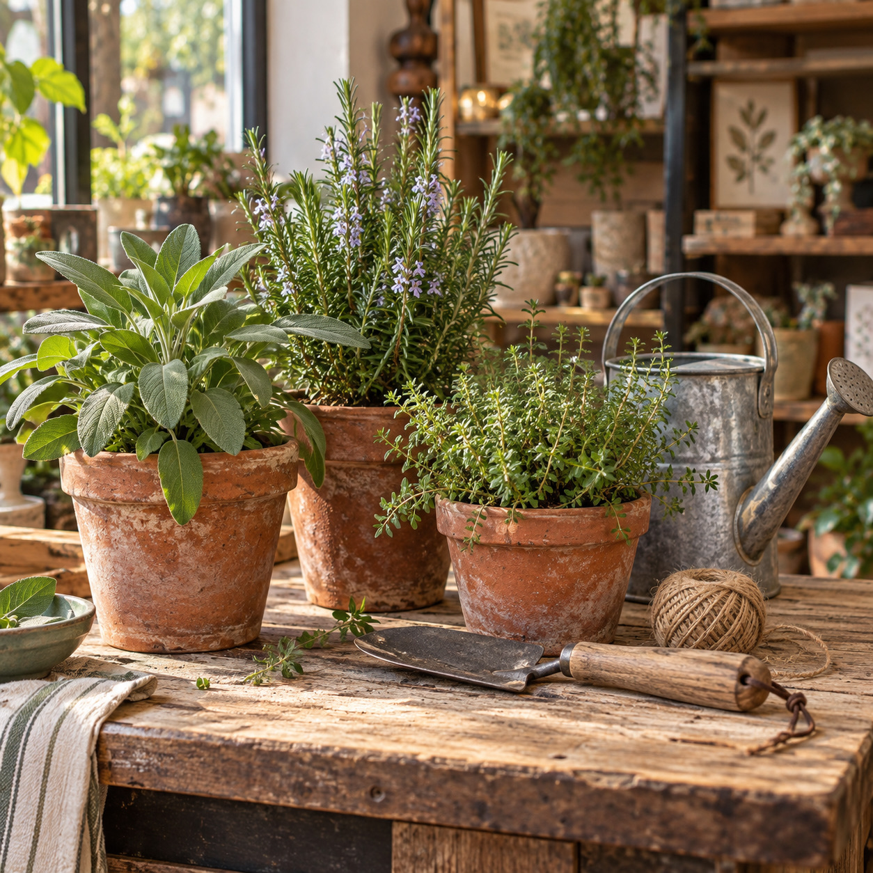 Terracotta pots with fresh culinary herbs and a forged hand trowel on a weathered wooden bench