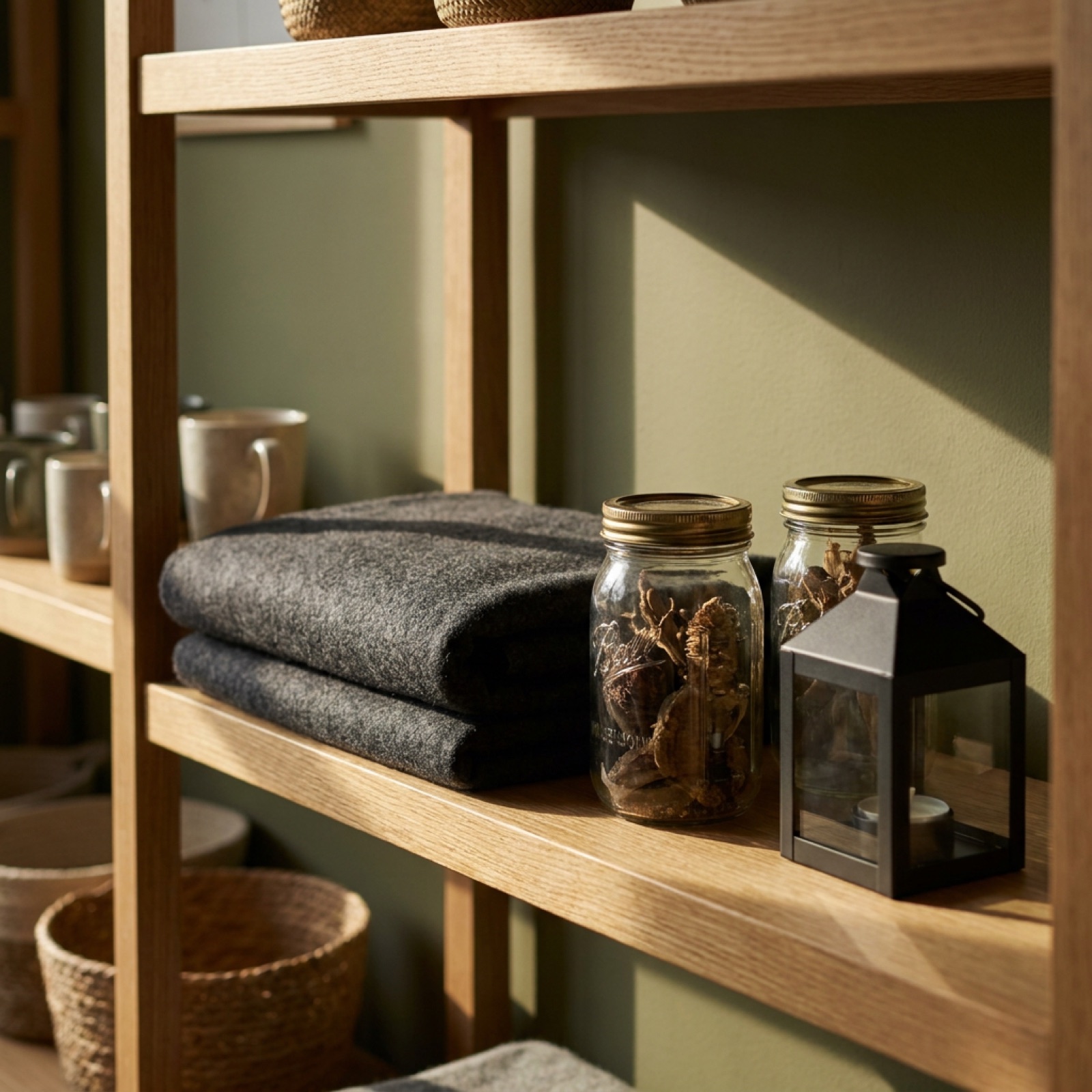 A folded grey wool throw, a glass preserving jar and a small black lantern on a shelf