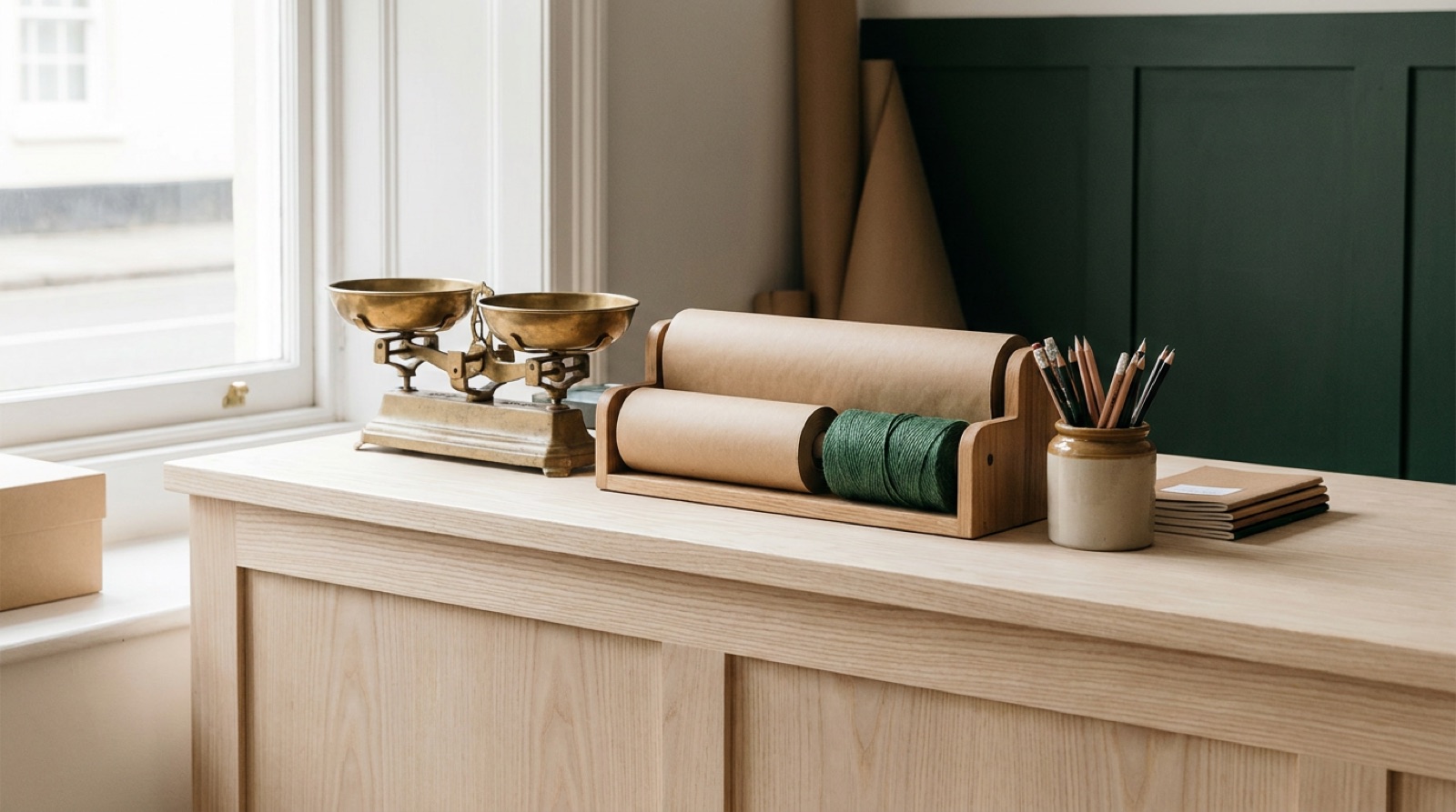 The long pale counter with a brass scale, a wrapping station and a jar of pencils