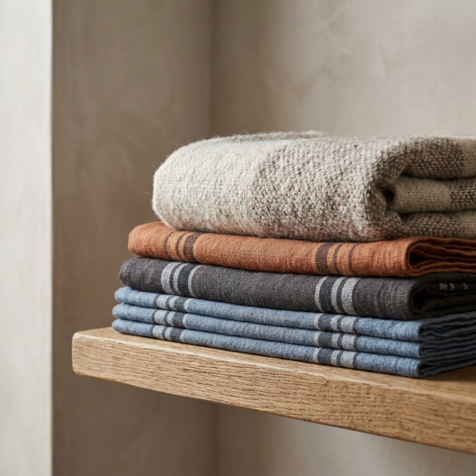 Folded striped linen and wool textiles stacked on an oak shelf