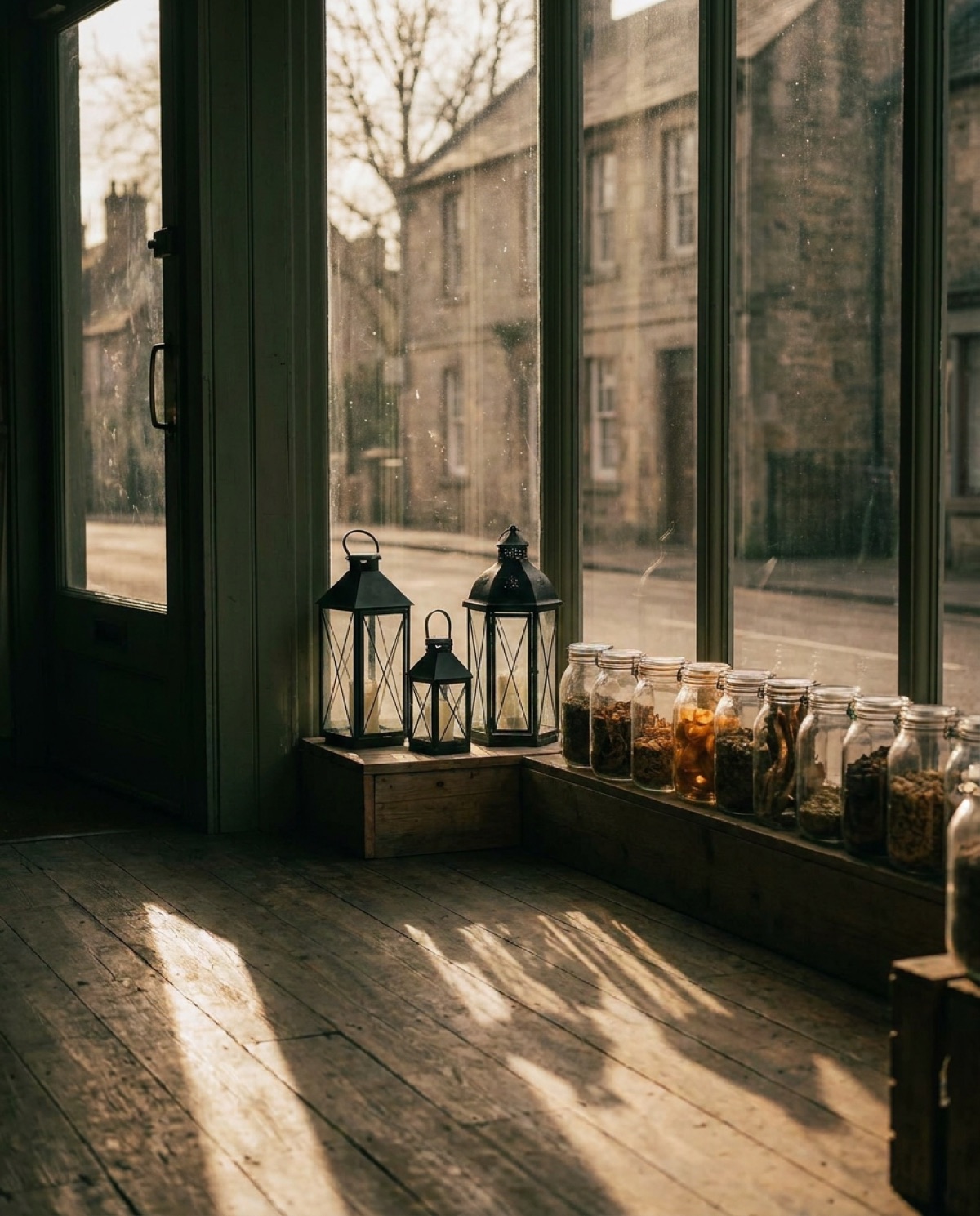 Late afternoon light through the shop window onto a display of lanterns and jars