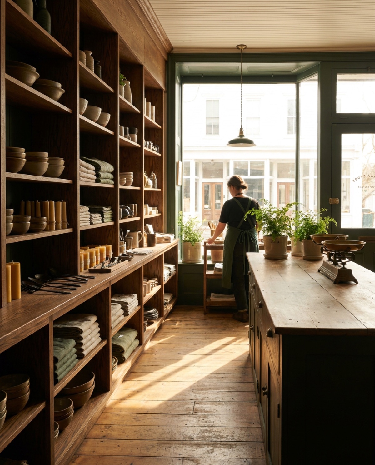 The Morrowpine Market interior in the morning, oak shelves with neatly spaced goods, a long counter and tall windows