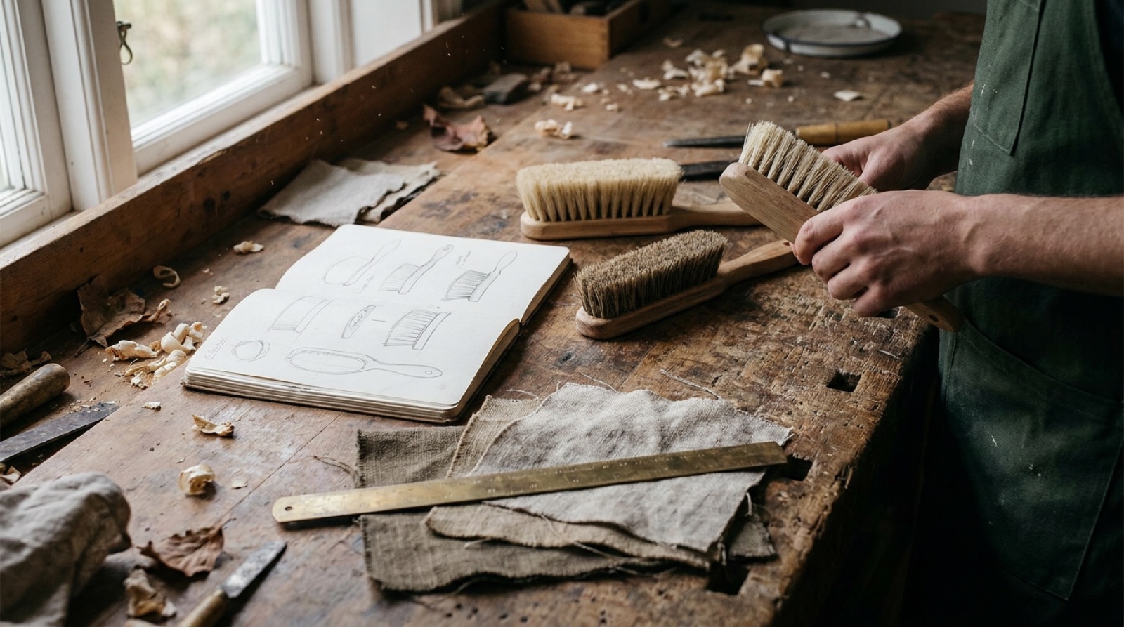 Two shop staff at a workbench comparing three similar hand brooms, one taking notes