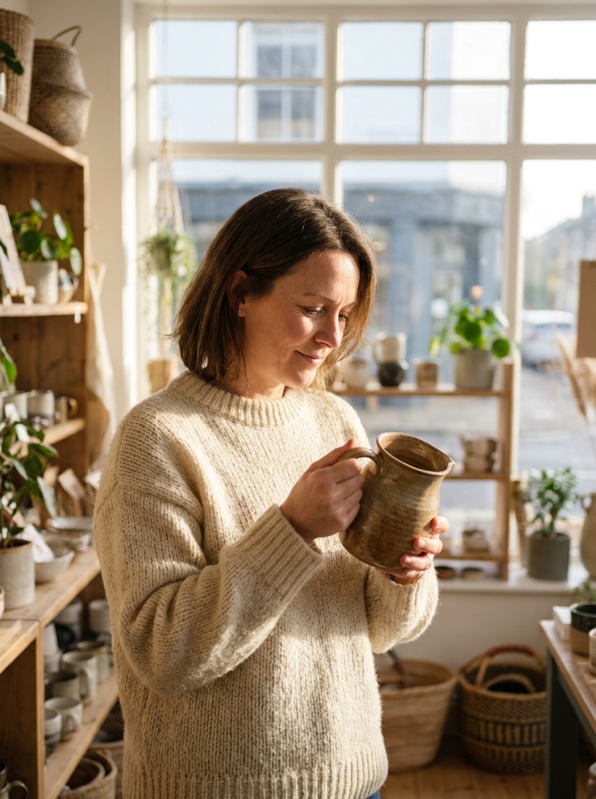 A woman in her forties holding a stoneware mug near the shop window, looking at the shelves